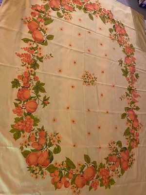vtg 81'' X 59'' tablecloth fruits flowers olive green yellow orange
