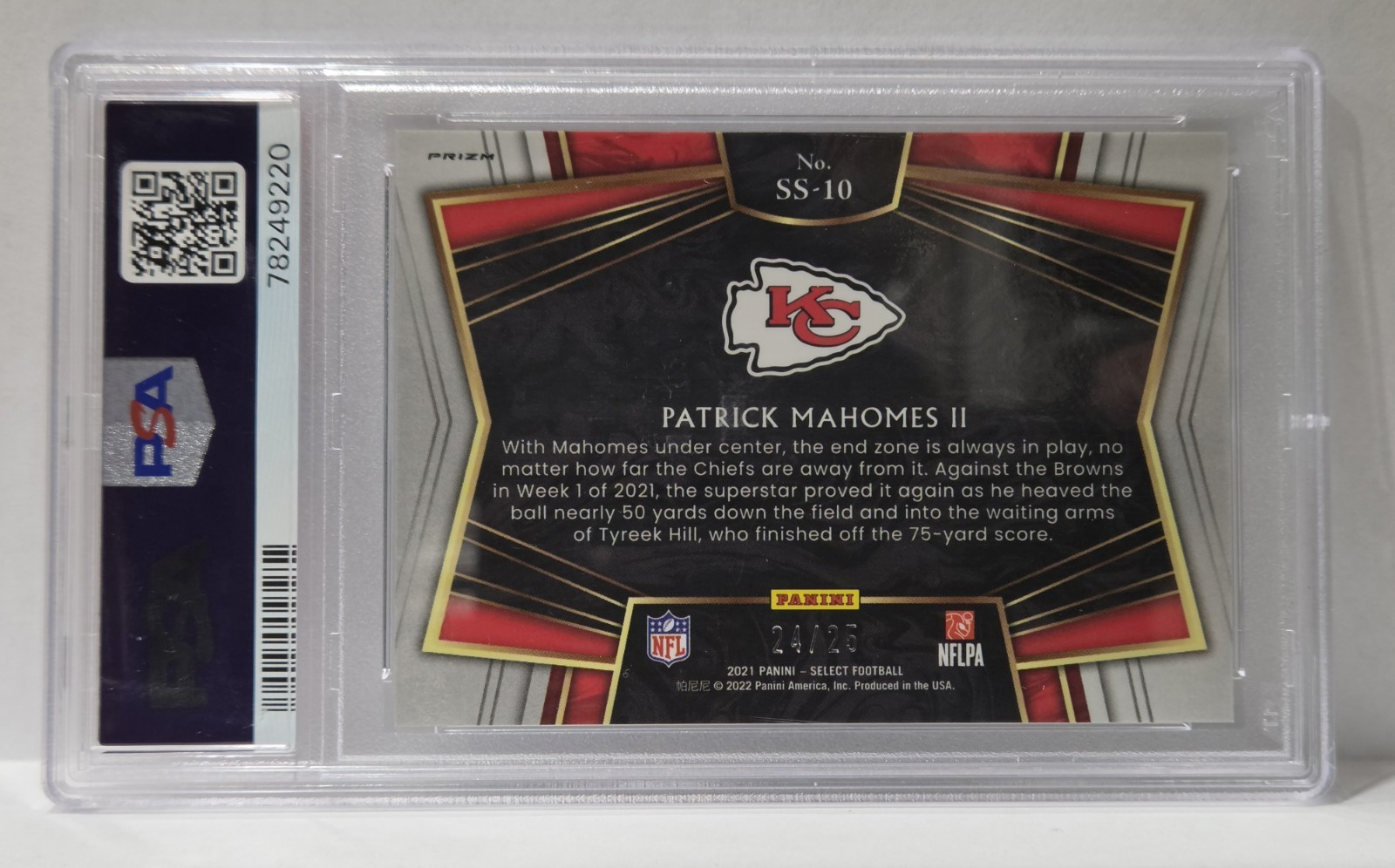 Patrick Mahomes II 2021 Panini Select Snapshots Tie-Dye Prizm 24/25 PSA 9 Chiefs view 2
