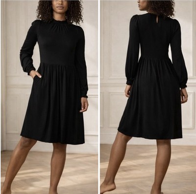 Boden Clara Black Jersey Shirt Dress Ruffle Sleeve Pocket Casual Chic size 6