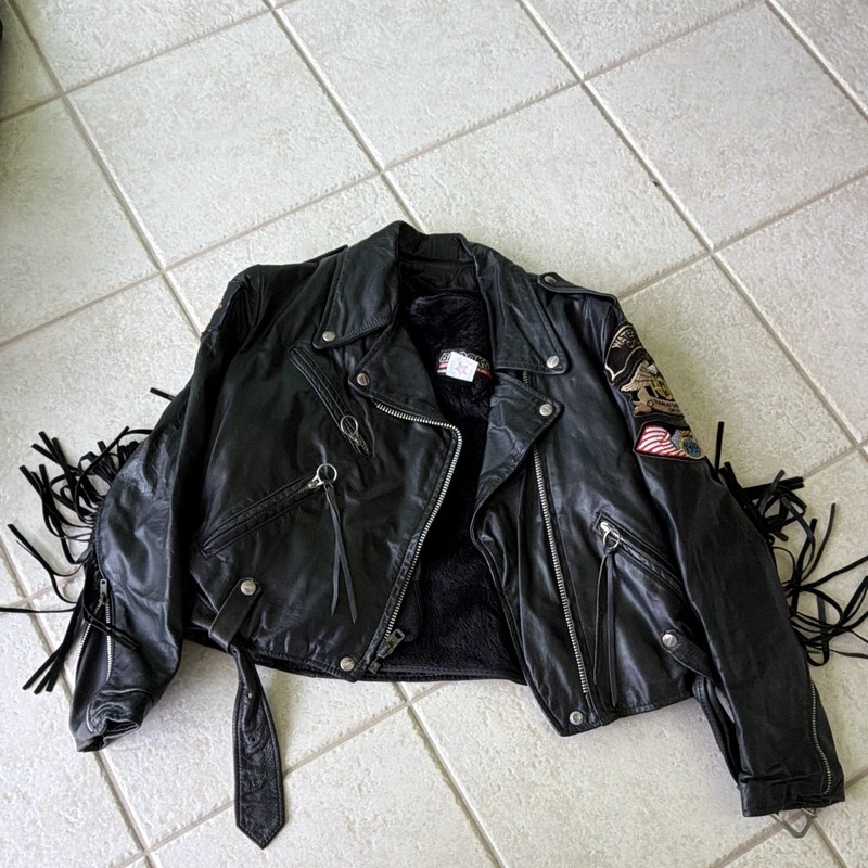 Men’s Black Leather Fringe Biker Jacket Zip Front Point Collar Lined M 36"