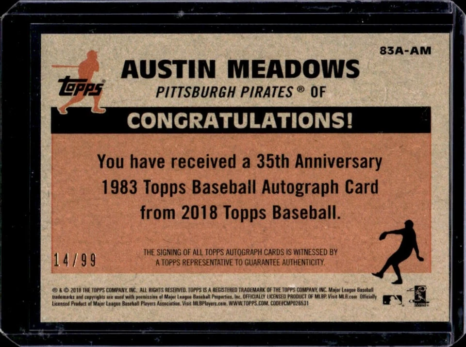 2018 Topps Update Austin Meadows 1983 Auto RC Black Rookie #14/99 Pirates - Image 2 of 2