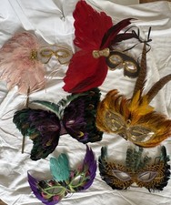 Lot of 6 Mardi Gras Masquerade Masks Feather Sequins Butterfly Ribbons Handle