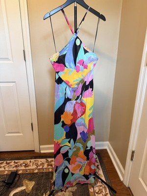 RIXO Hayley Dress Tulip Spot Mix 100% Silk Halter Maxi Dress NWT Size 6
