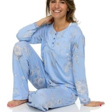 Flora Nikrooz 2 Piece Long Sleeve Henley Pajama Set In Blue Floral Size Small