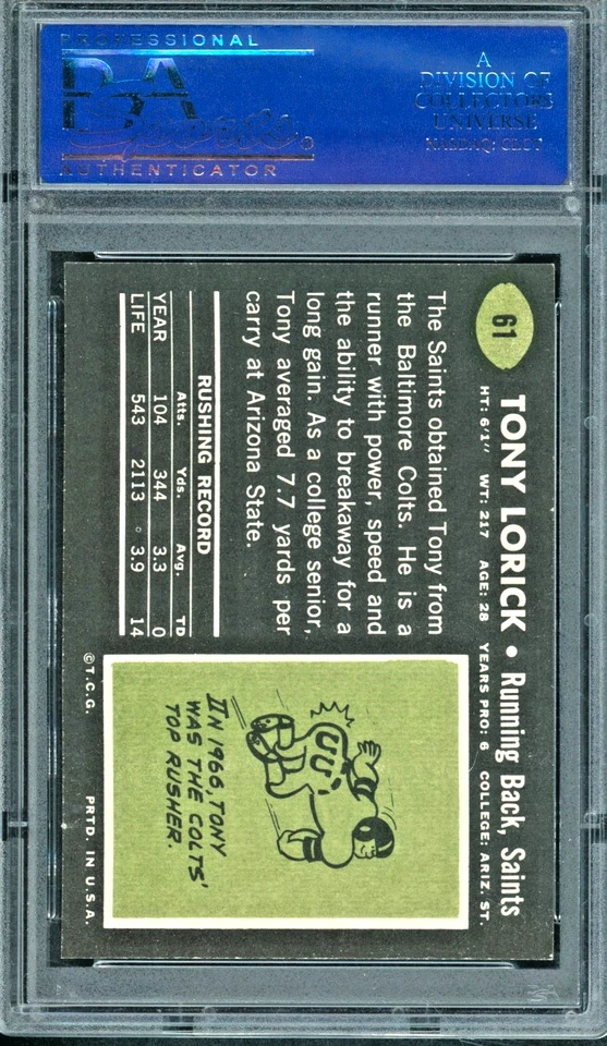 1969 Topps Tony Lorick Football Card PSA 8 NM/MT Card #61 - Image 2 of 2