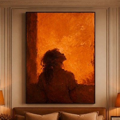 Earthy Sunset Figure Oversized Wall Hanging, Original Hand Painted Oil Art