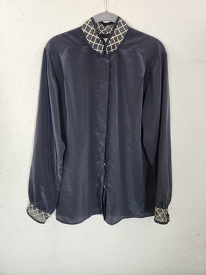 Vintage Notations Blouse Womens 12 Black Gold Sheer Collar Long Sleeve Evening