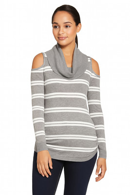 Hooked Up IOT Juniors' Cold Shoulder Cowl Neck Sweater Gray White Stripe Size M