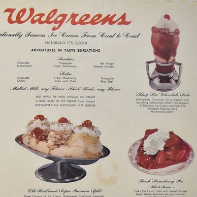 1960s Walgreens Restaurant Menu Banana Split Strawberry Pie Giant Goblet Sundae