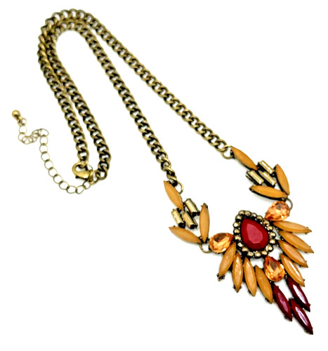 Boho Orange Amber Rhinestone Statement Bib Necklace 16" Dramatic Runway Choker