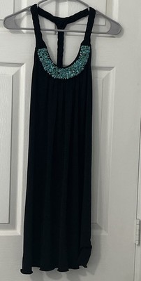 BCX Black T Back Dress With Turquoise Stone Chips Scoop Neckline Size M