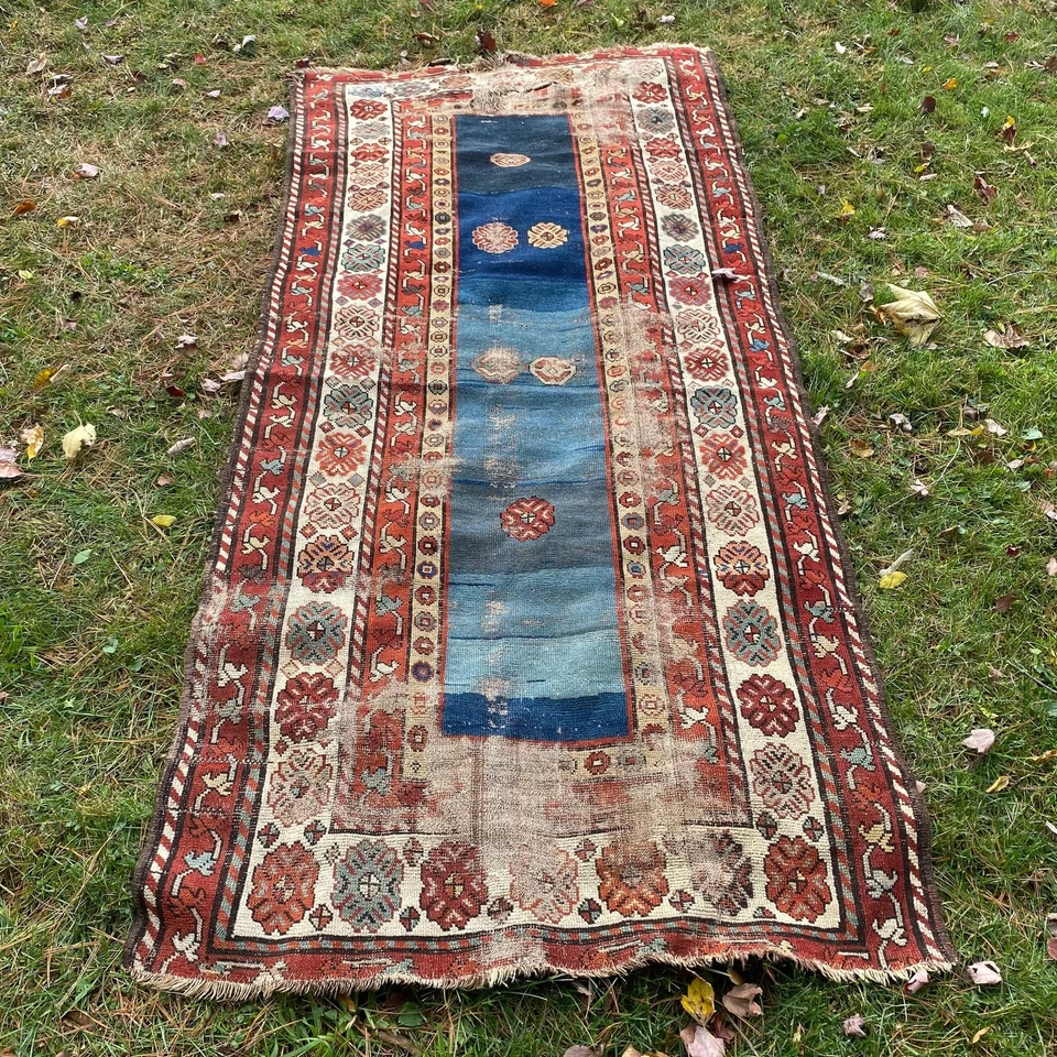 Antique Rug 3' 5 x 7' 5 Blue Hand Knotted Caucasian Wool Oriental Rug - Image 2 of 4