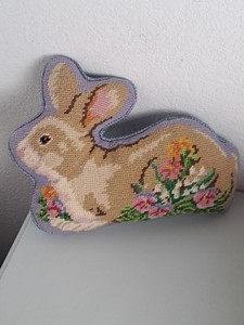 VTG. 90's Bunny Rabbit Needlepoint Pillow Lillian Vernon Wool Floral Blue Velvet