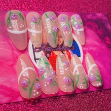 3D Purple Floral Press On Nails Almond Shape Medium Length False Nails