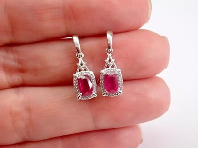 Cushion Cut Simulated Pink Ruby Women's Drop Earrings In 14k White Gold Plated
