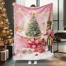 Merry Christmas Pink Flannel Throw Blanket - Christmas Tree & Gift Print Blanket
