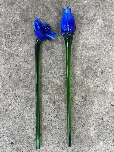 Set Of 2 Vintage Murano Style Hand Blown Glass Flowers Long Stem 12”