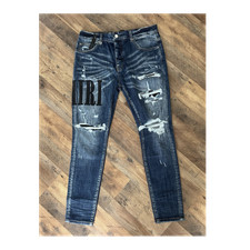 AMIRI Mens Blue Distressed Logo Denim Straigh...