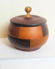 Vintage Hand Turned Round Wooden Bowl with Lid Parquetry