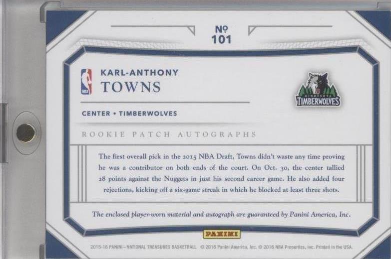 その他 Karl Anthony Towns National Treasures /5 2015-16 Panini National Treasures - Karl-Anthony Towns #101 for