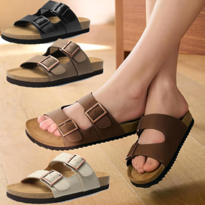Women Slide Sandals Cork Footbed Open Toe Flat Sandals Comfort Slip On Slippers