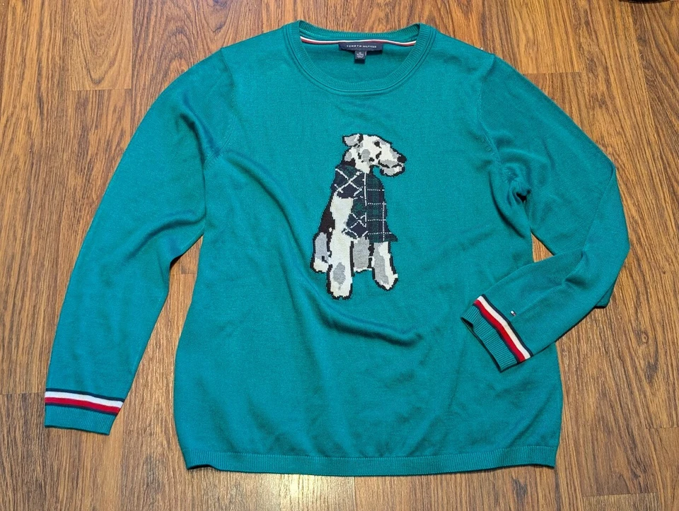 Tommy Hilfiger Mujer 1X XL Pullover Suéter Verde Manga Larga Terrier Perro 3C Foto 3 de 4