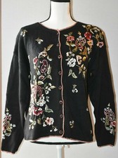 Tiara International 2001 Womens Cardigan Sweater Black Embroidered Floral Medium