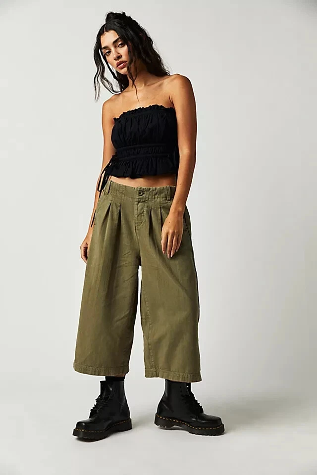 Free People Hard Rain Gaucho Pants High Waisted Wide-Leg Cotton M-8 NEW  264308