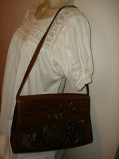 Vtg Large Hand Tooled Mexican Genuine Leather Aztec Indian Brown Shoulder Purse