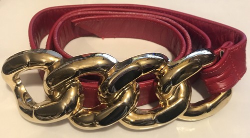 Two Blondes Genuine Red Leather Large Buckle Design Statement Belt 40” Long