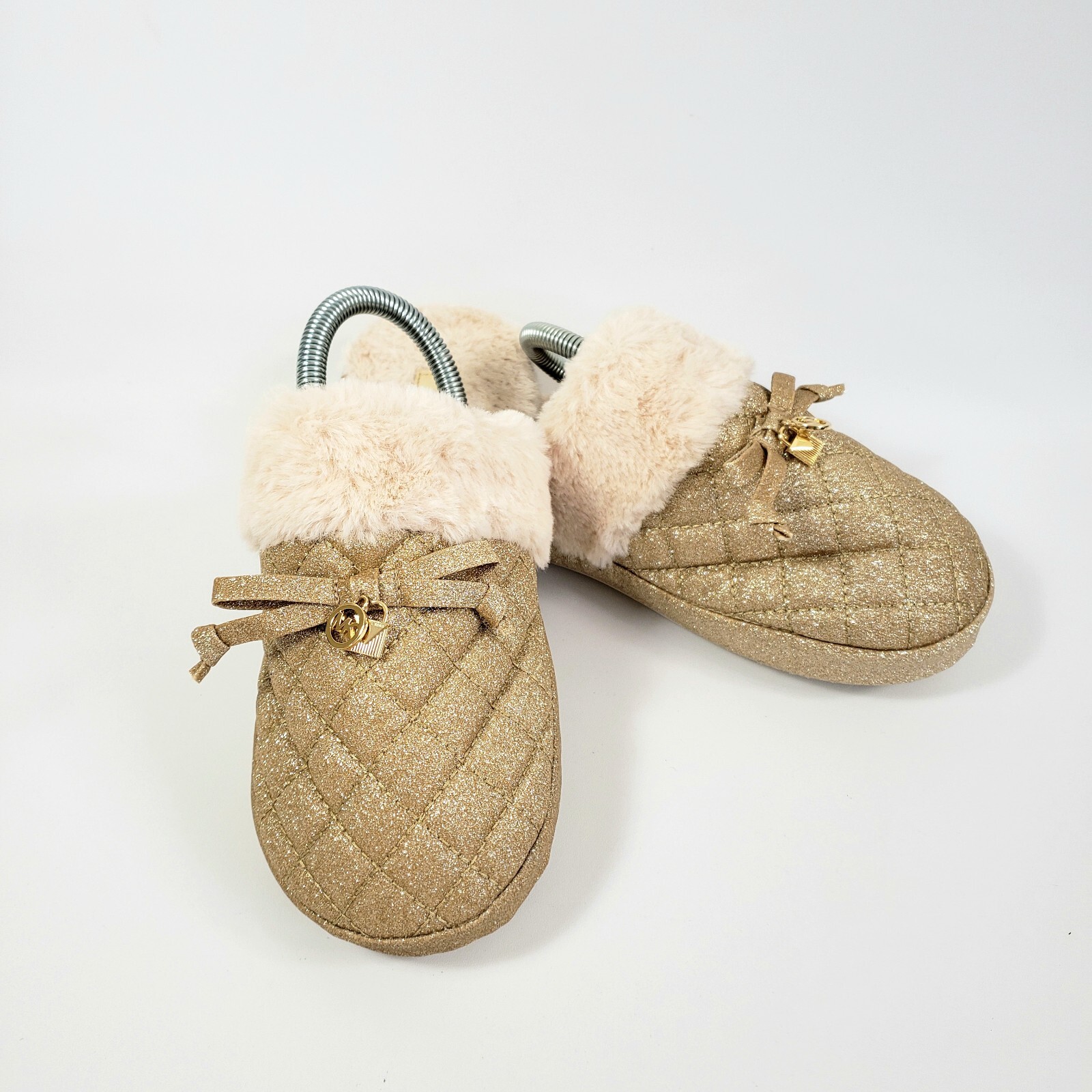 SAOLA Ciabatte donna Michael Kors taglia 9 floccate suola Eva pelliccia sintetica oro scintillante