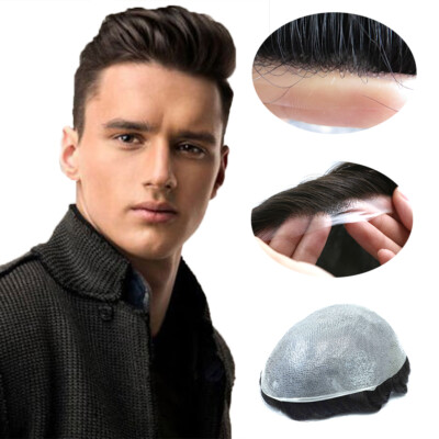 Mens Toupee Human Hair Gents Replacement System Thin Skin Hairpieces 06-08mm