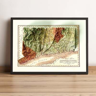 Connecticut Map, Connecticut 2D Relief Map, ConnecticVintage - 2D Flat Print