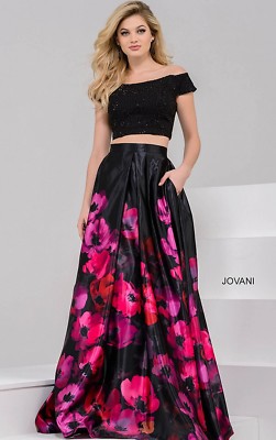 NEW JOVANI 47667 Black 2PC Long Floral Print Crop Top Gown Dress PAGEANT 0  2 | eBay