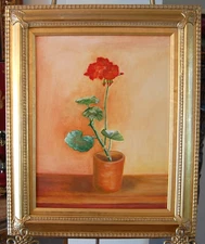 VINTAGE 1990'S FRAMED ORIGINAL OIL PAINTING GERANIUM FLOWERS ON POT A STILL LIFE
