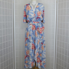 Per Una Faux Wrap Dress UK 18 Ivory Blue Peach Floral Ruffle Belt Cruise Party