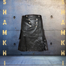 Men's Premium Real Leather Kilt Cargo Pockets Snaps Front Flap Utility Kilts New