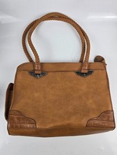 BUENO Shoulder Tote Bag Faux Leather Brown Croc Trim Braided Handles