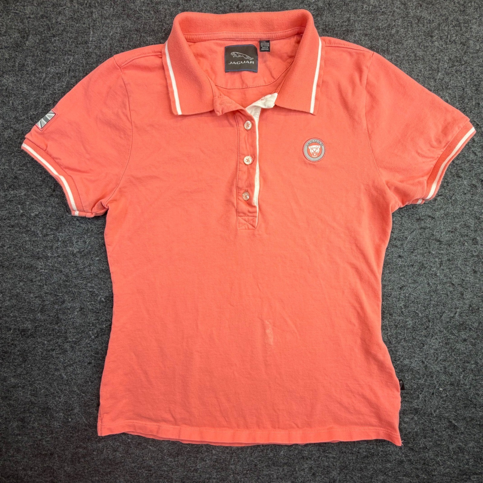 Jaguar Women Growler Polo Shirt Sz M (UK 12) Coral Pink Union Jack Patch READ