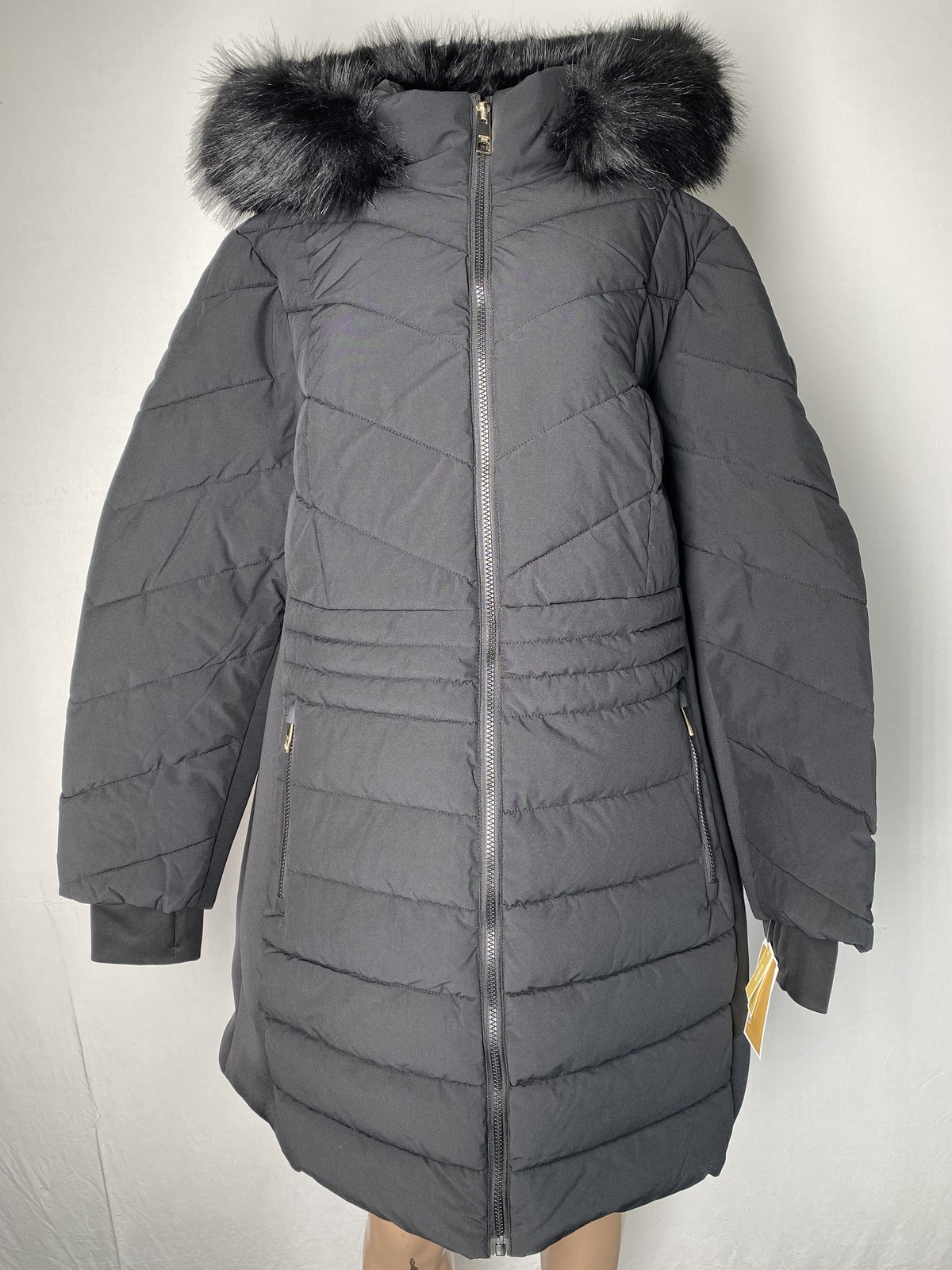 Michael Kors Womens Coat Black Size 2X Faux Fur Trim Hooded Puffer Full Zip