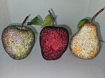 Vintage Beaded Sugar Fruit-Faux Apples-1 Red and 1 Green & 1 Gold Pear