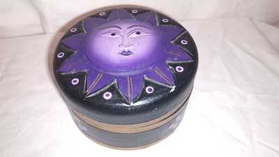 Vintage Indonesian Trinket Box Celestial Wood Black Purple & Gold 4¾'' D X  2¾ T