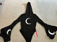 black Killstar Moon Witch Gothic Hooded Dress with a white crescent moon