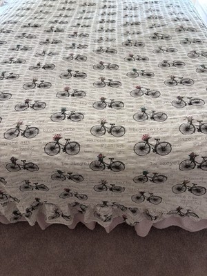 Queen Coverlet Vintage Bicycles Flowers Bedspread Ruffle Edge Lightweight