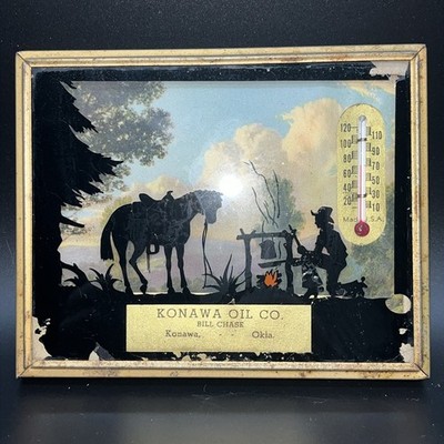 Vintage Konawa Oil Co Reverse Painted Silhouette Thermometer Horse Cowboy