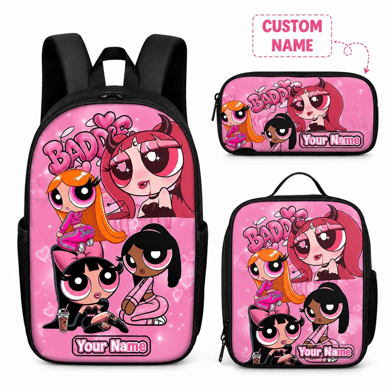 Custom Name School Backpack Set for Girls Lunch Bag Pencil Pouch Pink