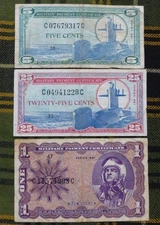 3 U.S. Military Payment Certificates, Series 681, USA Military, $1, 5C, 25C