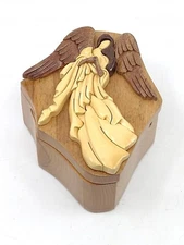 Jelly Roll Praying Angel Beech Wood Puzzle Box Trinket Jewelry Gift 6" NWOB