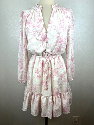Joie Dress Womens Large Pink White Floral Long Sleeve Tiered Belted Polyester
