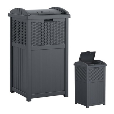Wicker-Style Outdoor Trash Can 33 Gallon Weather-Resistant Patio Garden Grey